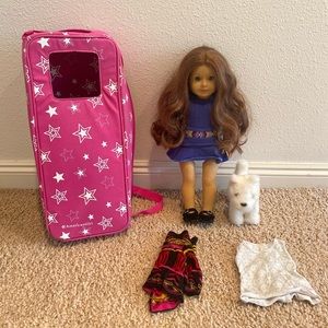 American Girl Doll Saige with dog (coconut on website) travel suitcase + tops